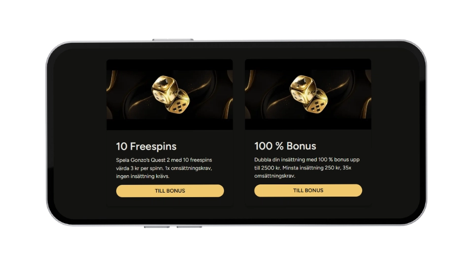 Två kampanjkort för casino: 10 freespins utan insättning och 100 % bonus upp till 2500 kr.