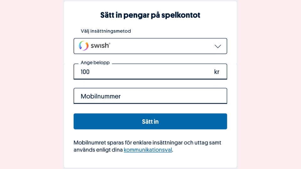 Insättningsvy med Swish som betalningsmetod hos Svenska Spel.