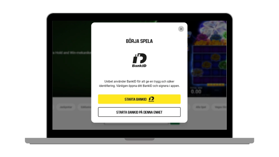 Registreringsfönster hos Unibet för inloggning med BankID.