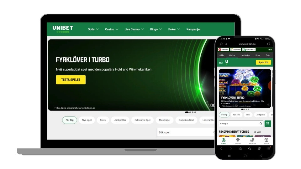 Unibets startsida och mobilcasino med en tydlig överblick av spelutbud och navigering.