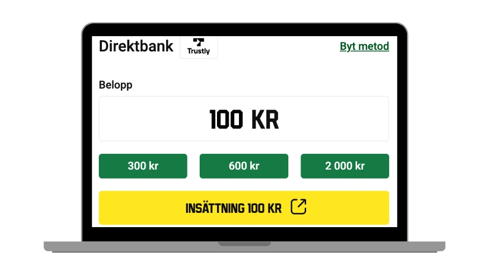 Insättning på 100 kr hos Unibet med Trustly som betalningsmetod.