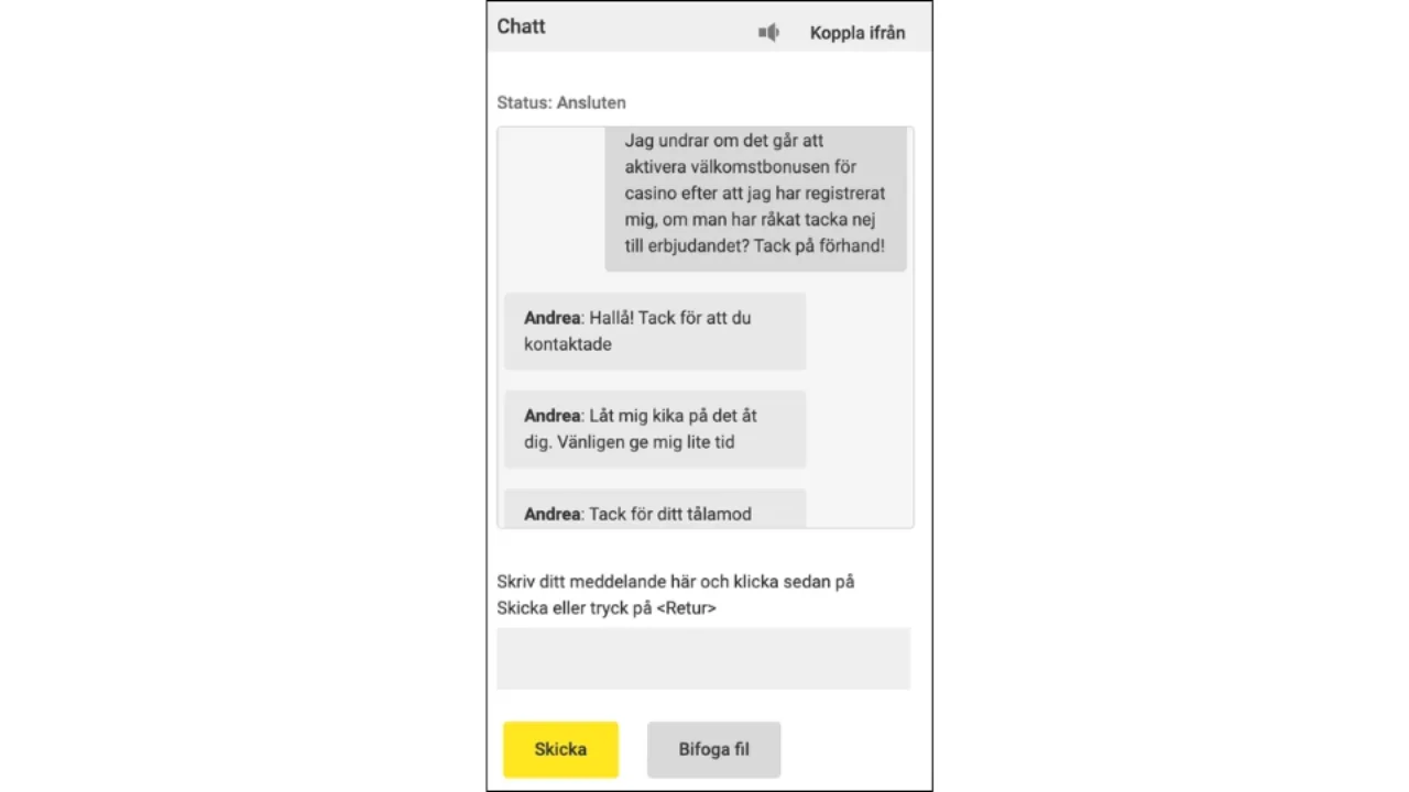 Chattsamtal med Unibets kundtjänst gällande frågor om casino bonus.