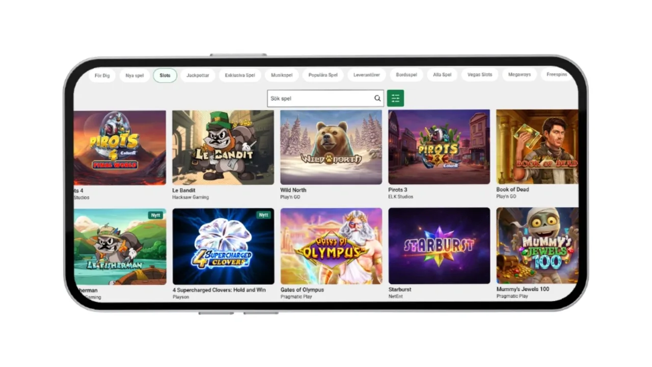 Unibets spellobby i mobilen med populära slots som Pirots 4 och Le Bandit.