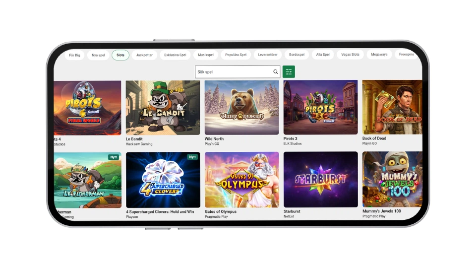Unibets spellobby i mobilen med populära slots som Pirots 4 och Le Bandit.