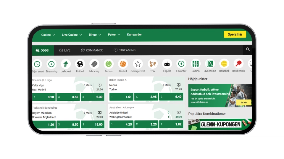 Unibets oddssektion med marknader för fotboll, ishockey och livebetting.