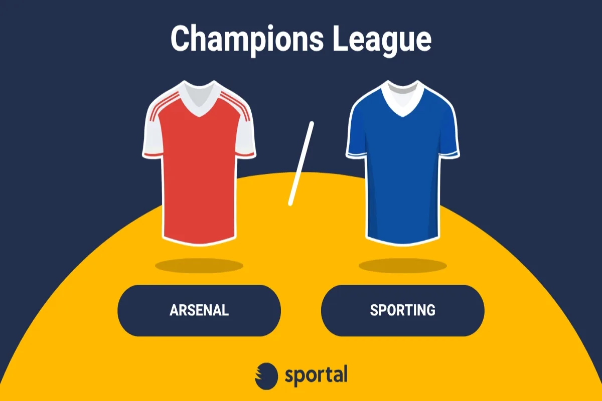 Arsenal mot Sporting med matchtröjor på gul och blå bakgrund.