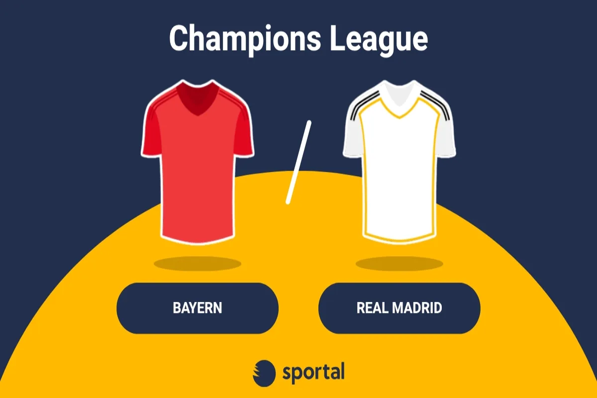 Bayern mot Real Madrid med lagens matchtröjor på gul och blå bakgrund.