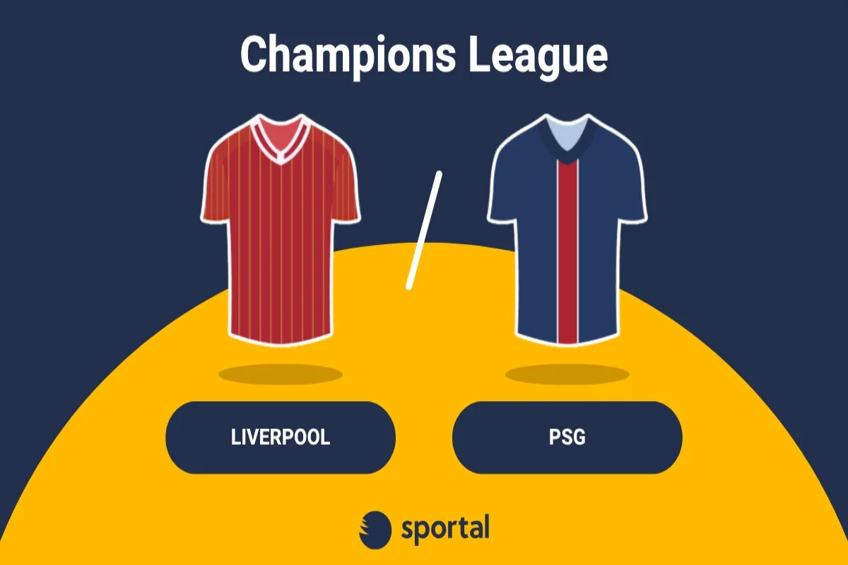 Liverpool mot PSG med lagens matchtröjor på gul och blå bakgrund.
