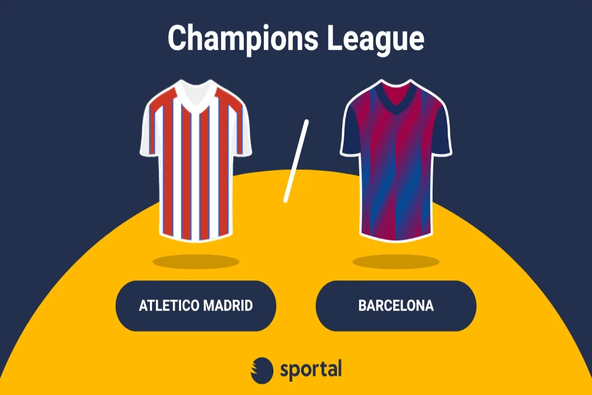 Atletico Madrid mot Barcelona med matchtröjor på gul bakgrund.