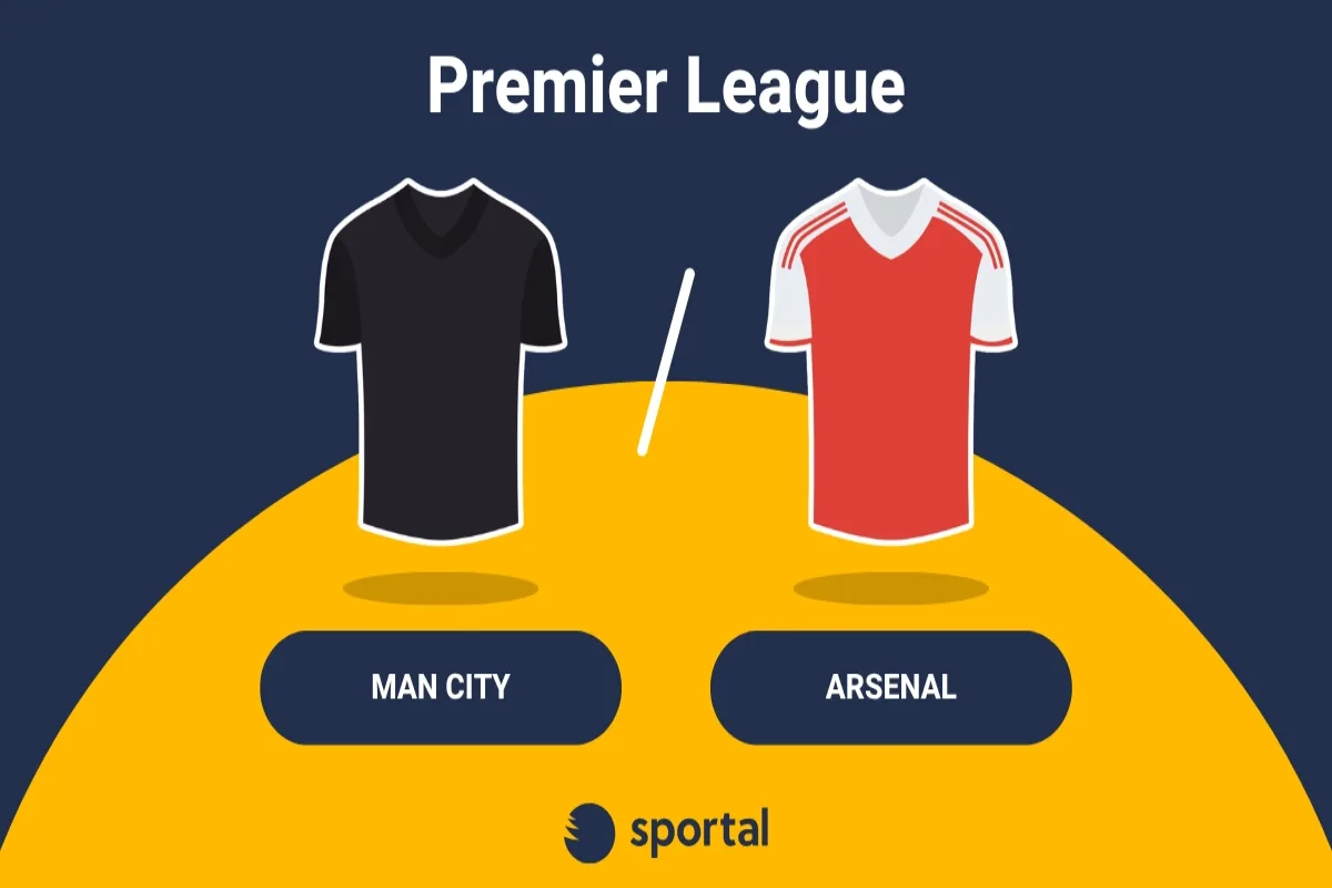 Man City mot Arsenal med matchtröjor på gul och blå bakgrund.