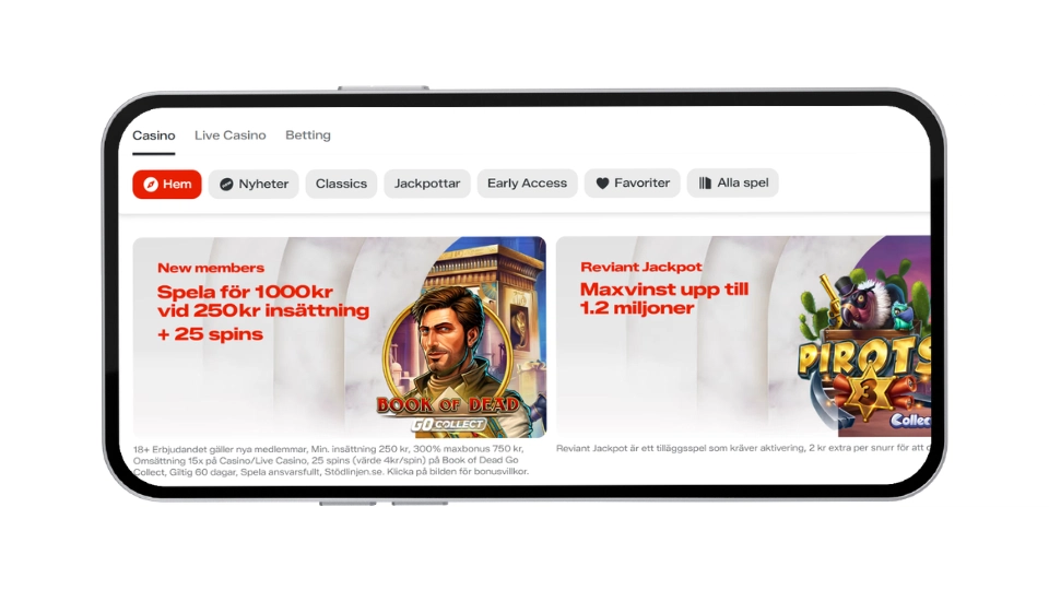Startsidan för Reviant Casino med välkomstbonus på Book of Dead och spelkategorier.