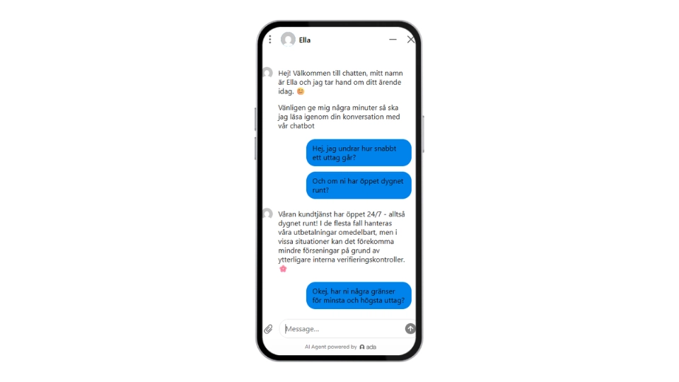Konversation med Reviant Casinos livechatt om uttagstider och öppettider.