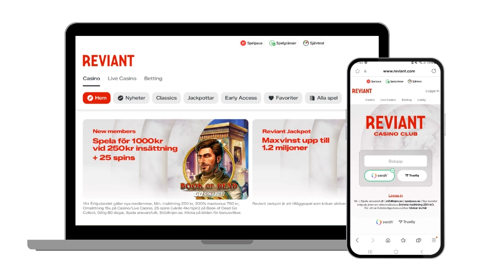 Reviant Casino visas på både dator och mobil med fokus på välkomstbonus och design.