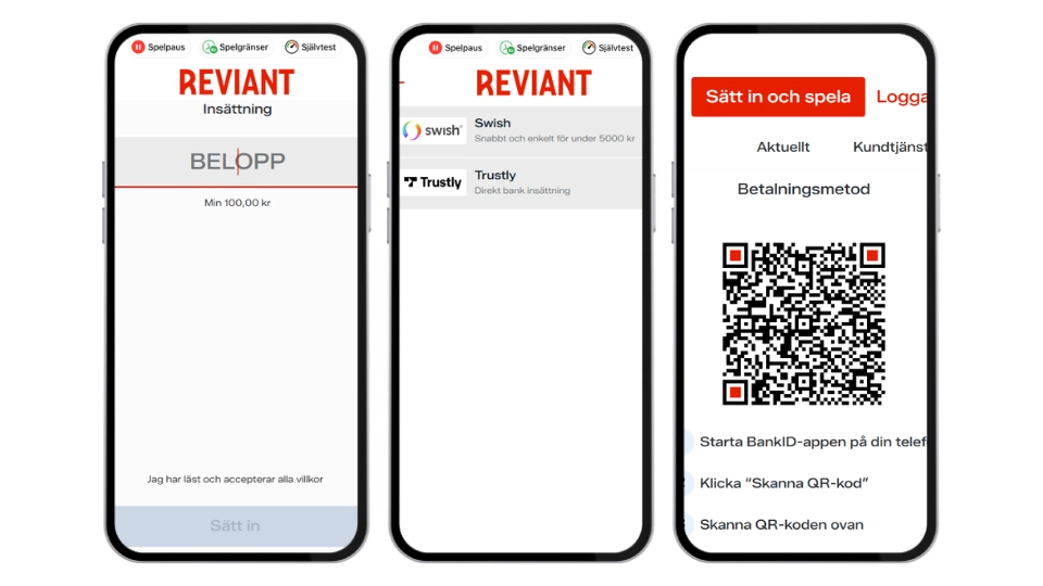 Registreringsprocess hos Reviant Casino via mobil med Swish, Trustly och BankID QR-kod.