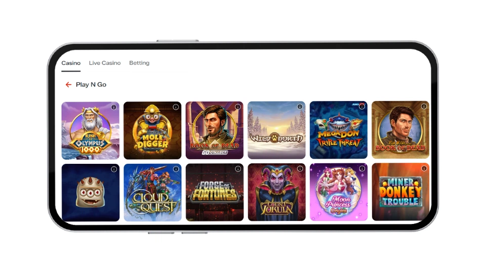 Spelutbud hos Reviant Casino med populära slots från Play'n GO som Book of Dead och Moon Princess.