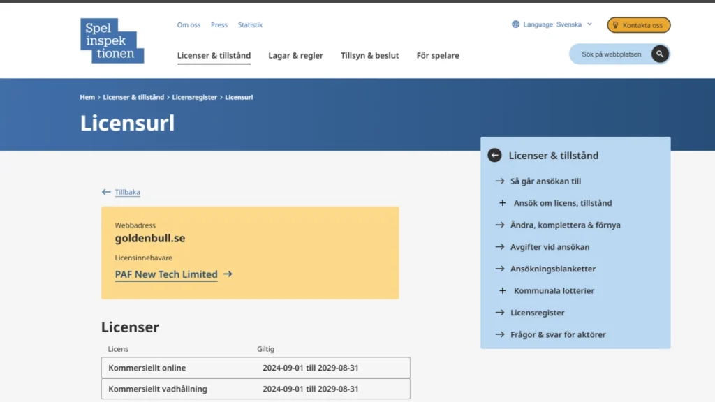 Licensbevis för Golden Bull Casino hos Spelinspektionen