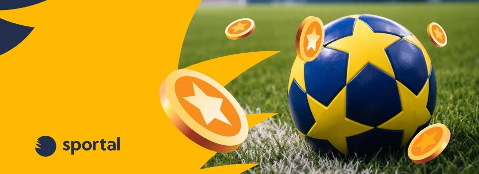 Gulblå fotboll och guldmynt på en fotbollsplan framför arenor i Fotbolls-VM 2026.