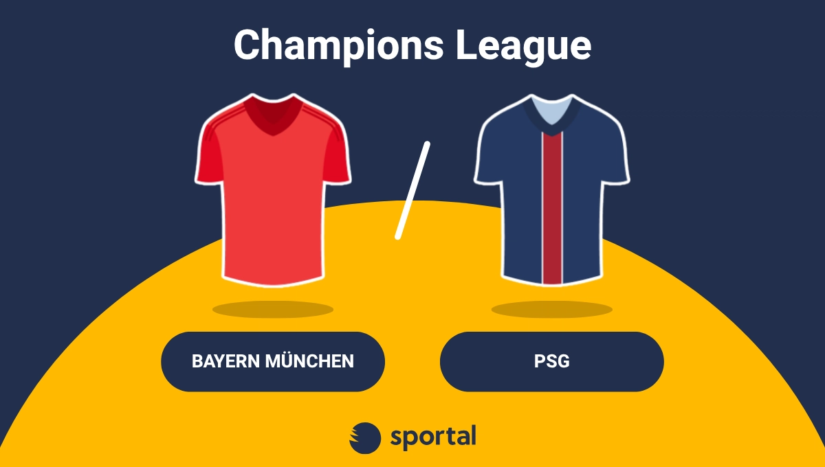 Grafik för Champions League-mötet mellan Bayern München och PSG med lagens matchtröjor.