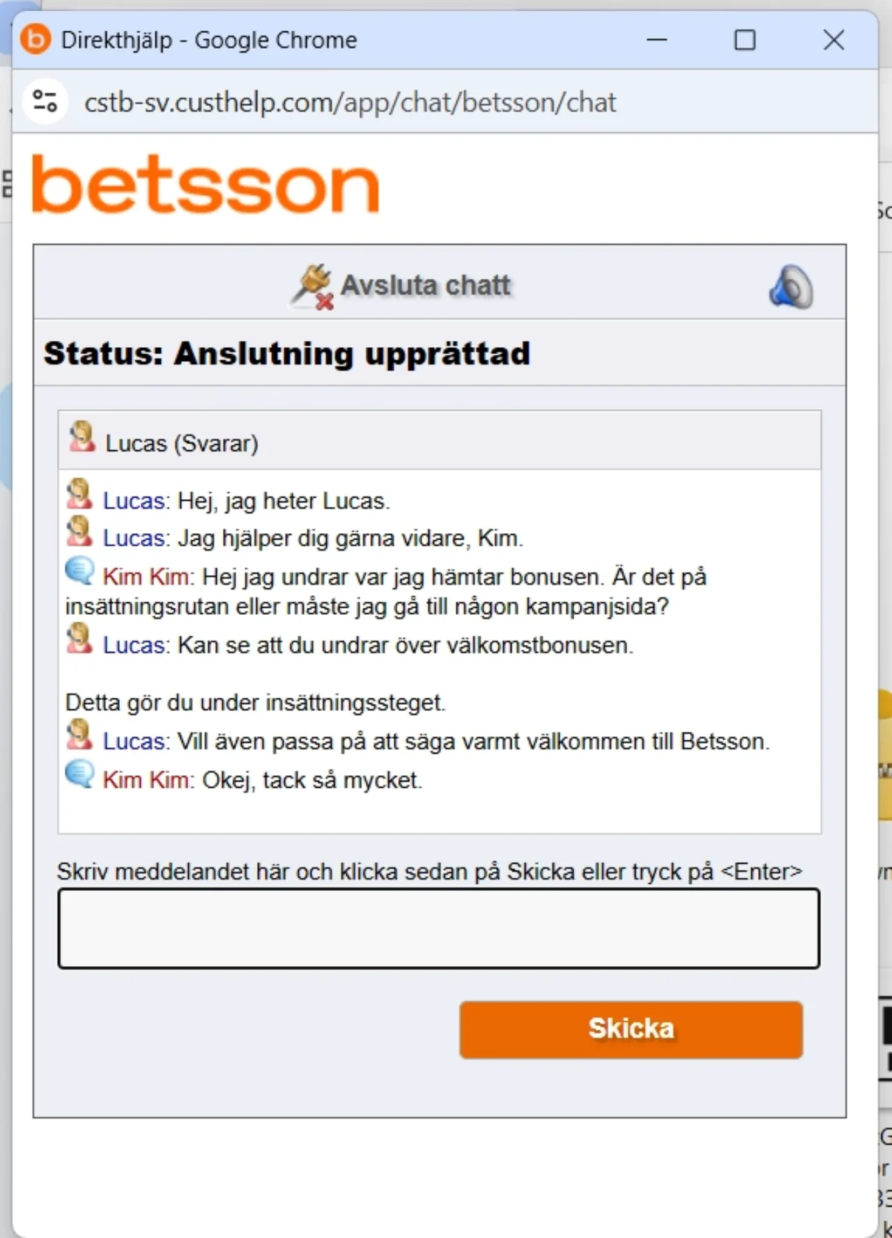 Betsson Casino livechatt