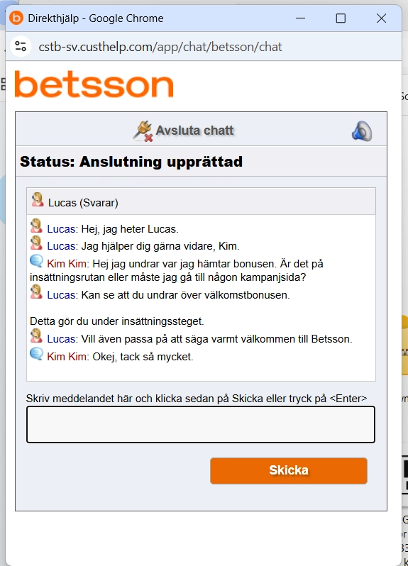 Betsson Casino livechatt
