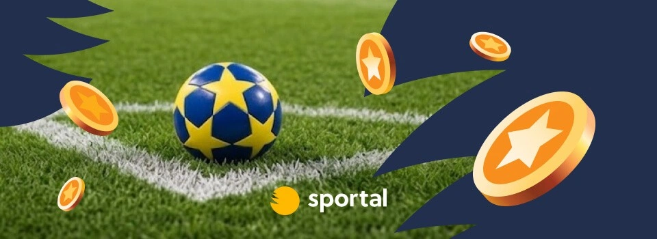 En gulblå fotboll på en gräsplan med svävande guldmynt och Sportal-logotyp.