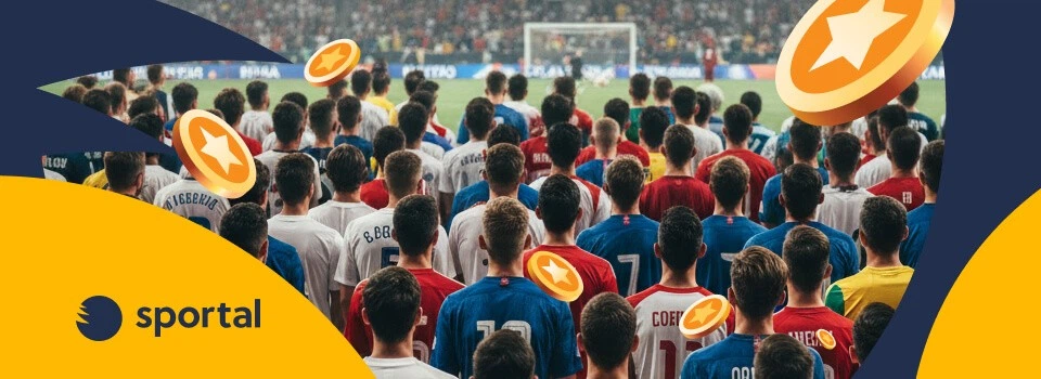 Fotbollsspelare uppställda på planen med Sportals logotyp och guldmynt i förgrunden.