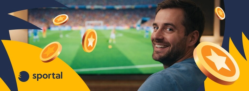 En glad man framför en TV som visar Fotbolls-VM 2026 med svävande guldmynt.