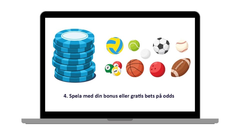 Laptop som visar steg 4: Spela med din bonus eller gratis bets på odds.