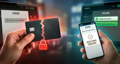 Brutit kreditkort bredvid mobil med godkänd banköverföring, symboliserar kreditförbud på casino