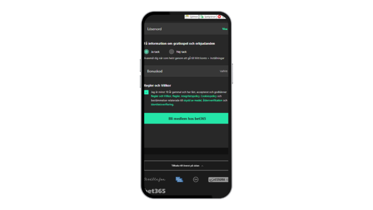 bet365 bonuskod och godkännande av villkor