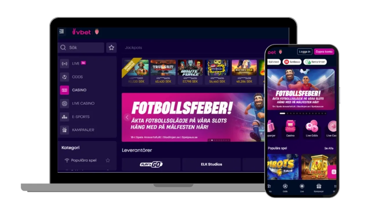 Vbet Casino på dator och mobil.
