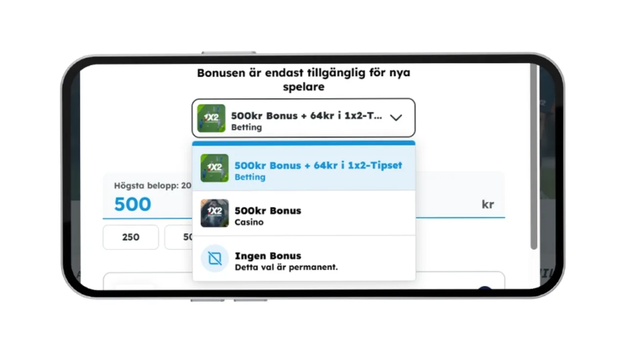1x2 Sport bettingbonus 100% upp till 500 kr