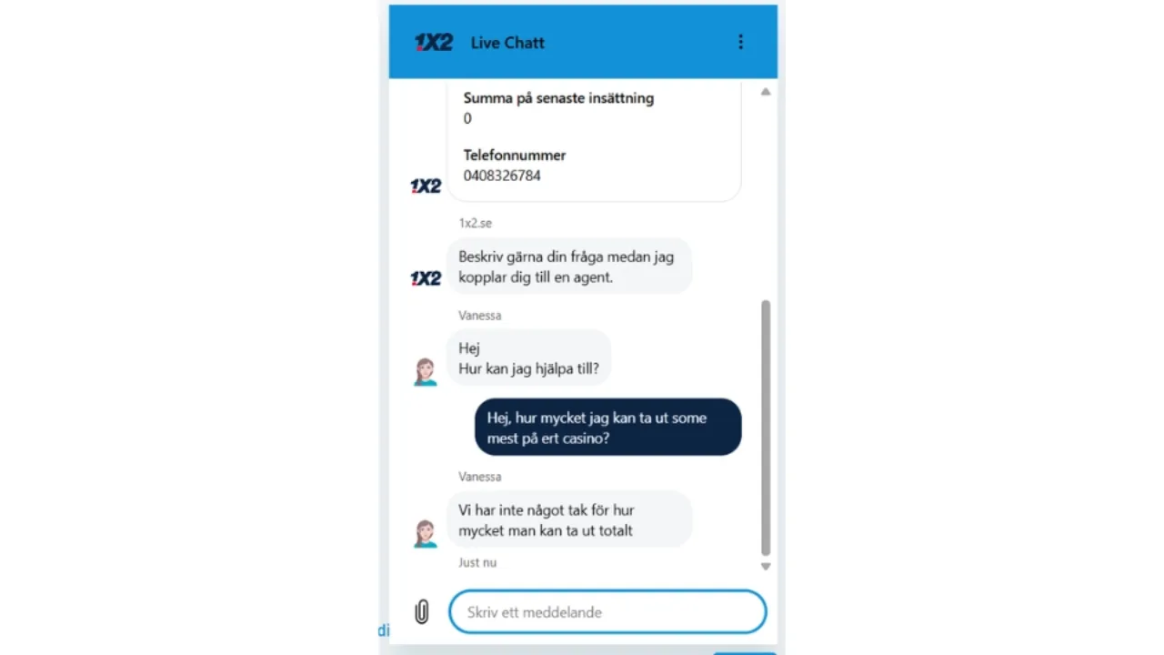 1x2 Sport livechatt i mobilen