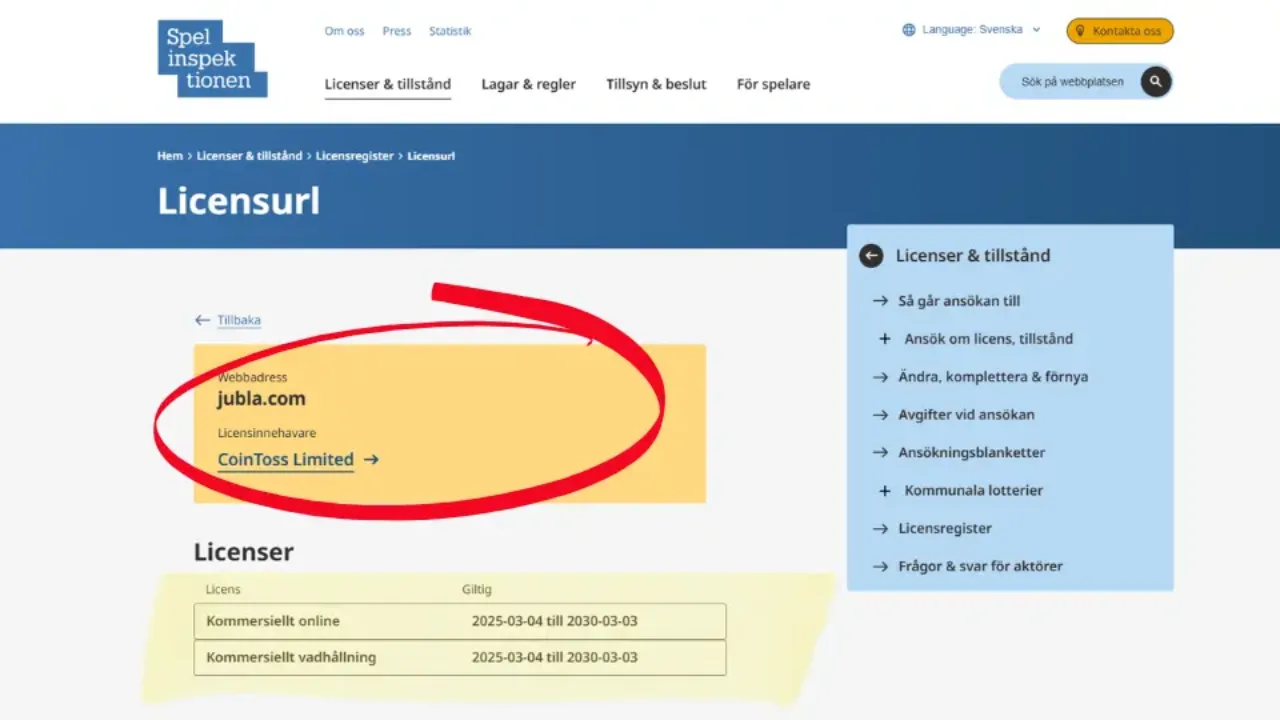 Spellicens för Jubla Casino