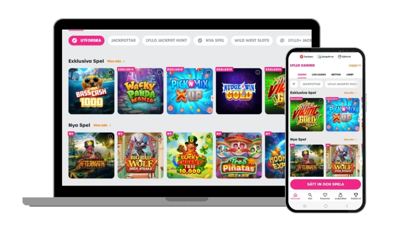 Lyllo Casinos spelutbud på laptop och mobil.