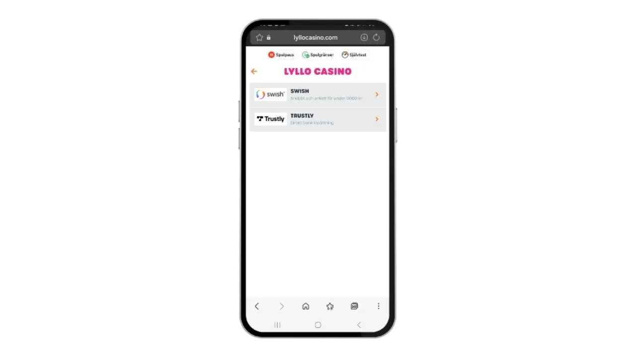 Betalningsmetoderna Swish och Trustly hos Lyllo Casino i mobilen