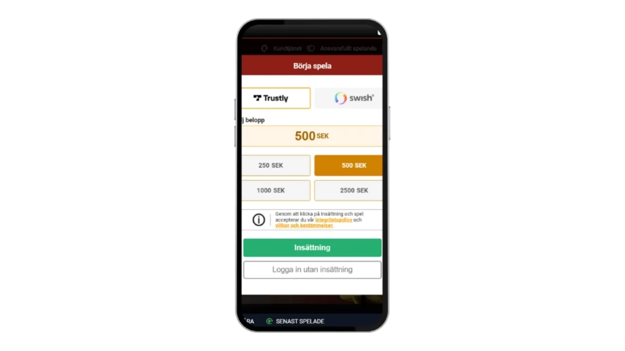 Megafortune Casino insättningsruta med Trustly och Swish