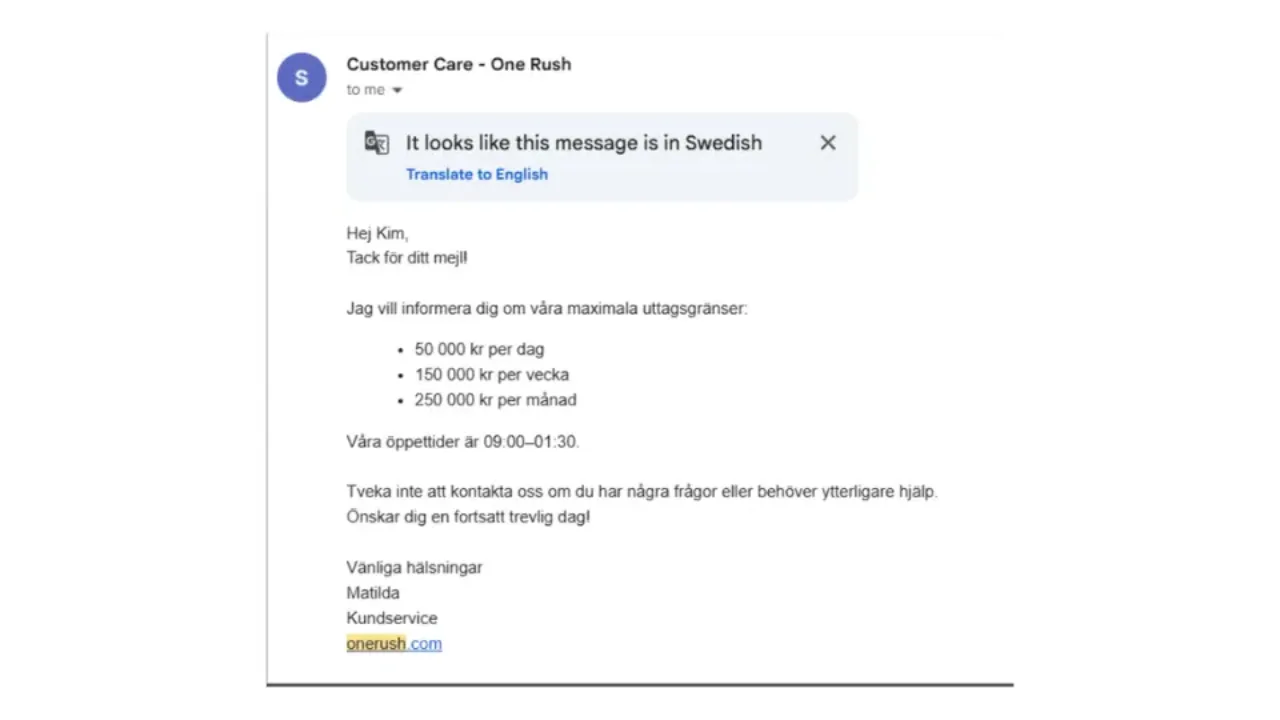 Onerush kundtjänst via mail