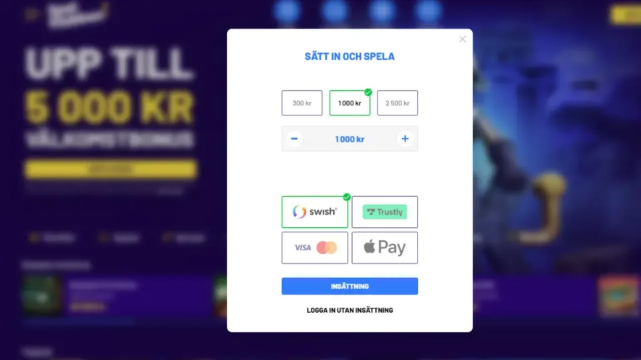Sätt in med trustly, swish, kort eller applepay för Spelklubben registrering