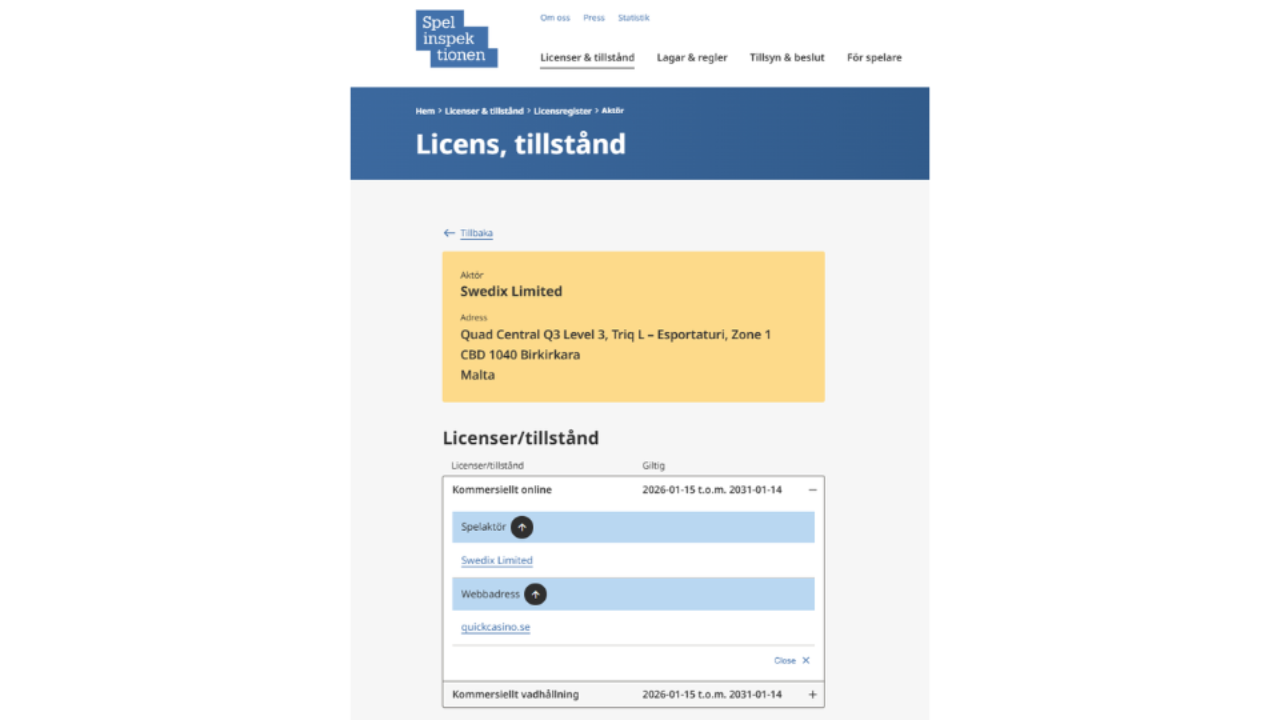 Quick casino i licensregistret hos Spelinspektionen