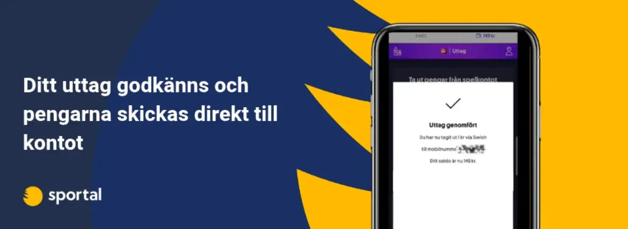 Bekräftelse på genomfört direktuttag från casino via Swish